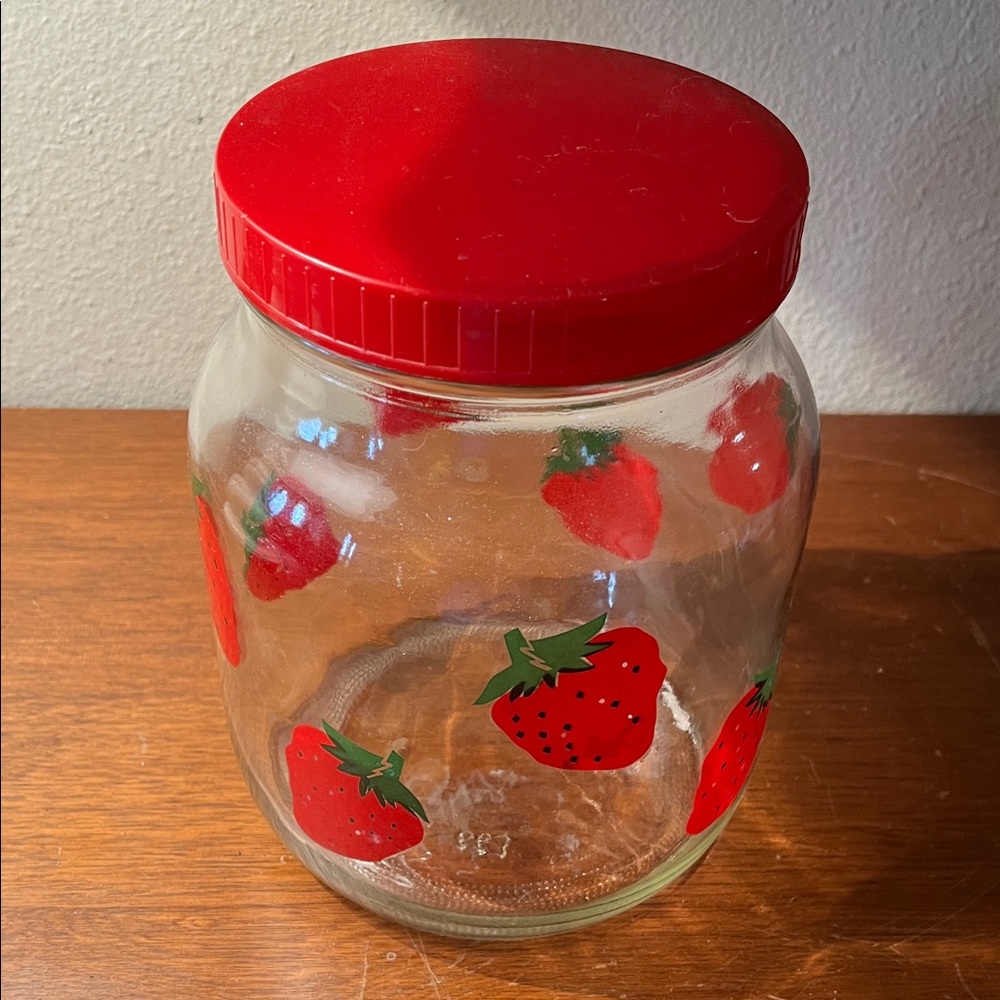 Vintage Strawberry Glass Jar with Red Lid